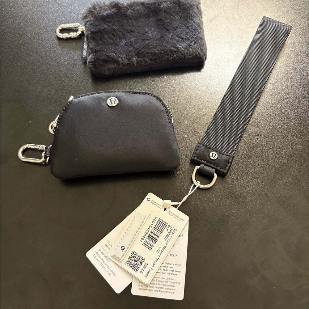 NWT Lululemon Dual Pouch Wristlet Black w/ Fur